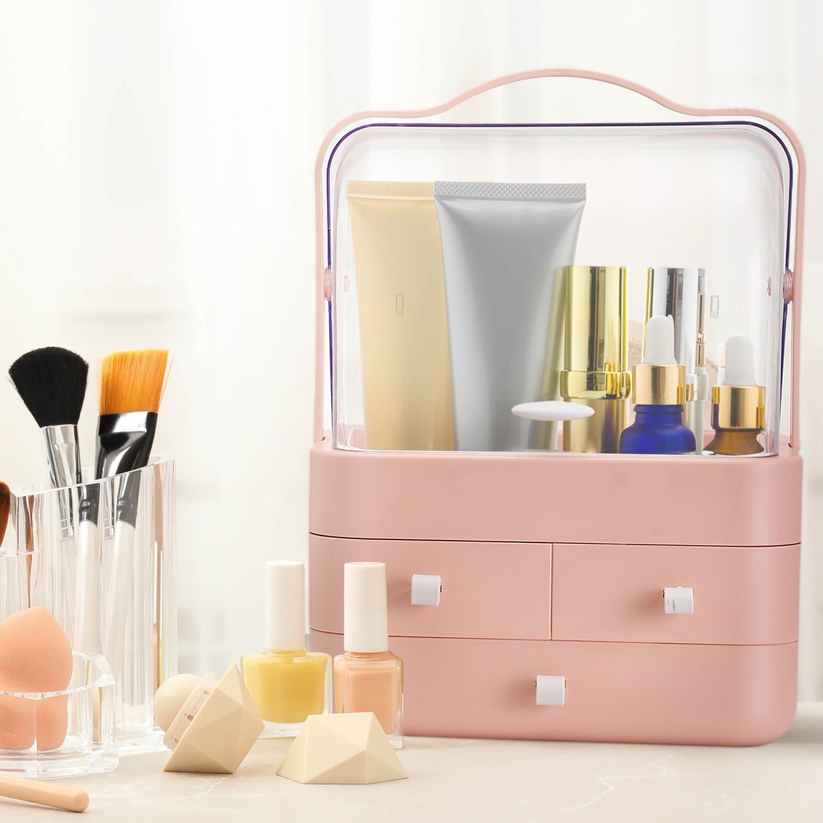 Multi-Purpose Pink Makeup Organiser for Dressing Table, L26.5 W18.2 H34.7 cm