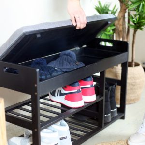 Wooden Shoe Storage Bench with Grey Soft Seat and Storage Box, L80 W29.5 H49 cm Black