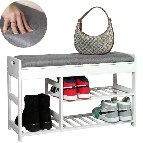 Wooden Shoe Storage Bench with Grey Soft Seat and Storage Box, L80 W29.5 H49 cm White