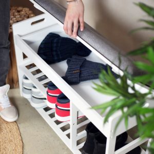 Wooden Shoe Storage Bench with Grey Soft Seat and Storage Box, L80 W29.5 H49 cm White