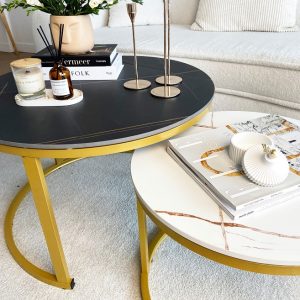 Set of Two Nesting Coffee Tables, Black D70 H45 cm and White D50 H38 cm