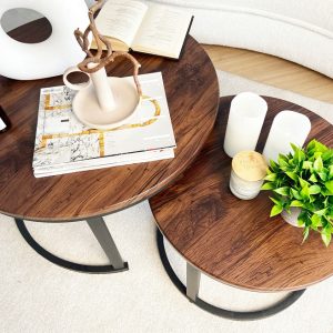Set of Two Nesting Brown Coffee Tables, D70 H45 cm and D50 H38 cm