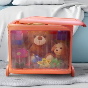 Toy Storage Box with Lid and Transparent Door on Wheels, L49 W35 H38.5 cm