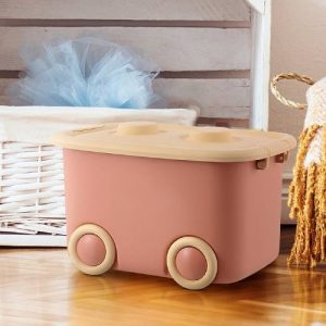 Kids Toy Storage Box with Lid and Wheels, 45L Pink