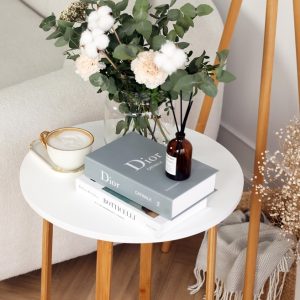 Round White Side Table with Eco Bamboo Base, D50 H60.5 cm
