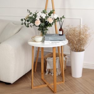 Round White Side Table with Eco Bamboo Base, D40 H48.5 cm