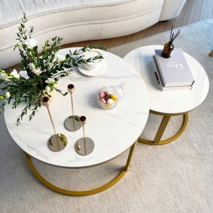 Set of Two White Nesting Coffee Tables, D70 H45 cm and D50 H38 cm