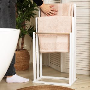 Wooden White Towel Rack Free Standing with 3 Golden Bars, L42 W24 H81.5 cm