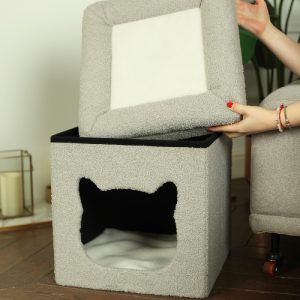 Foldable Indoor Cat Bed with 2 Soft Boucle Cushions, Grey, L40 W40 H44 cm