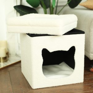Foldable Indoor Cat Bed with 2 Soft Boucle Cushions White, L40 W40 H44 cm