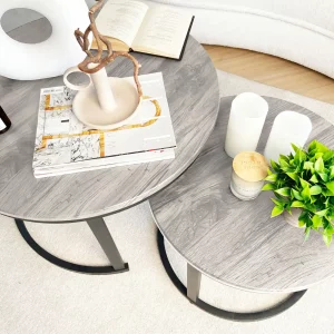 Set of Two Nesting Grey Coffee Tables, D70 H45 cm and D50 H38 cm