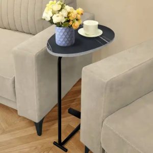 Black Side Table with Sintered Marble Stone Tabletop, L45 W30 H73 cm