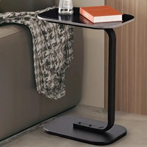 Black Side Table with Sintered Marble Stone Tabletop, L18 W12 H24 in