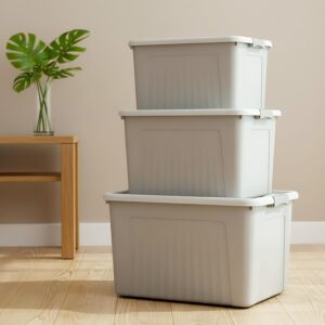 Set of 3: 35L + 50L + 70L Premium Grey Plastic Large Storage Box with Lid and Wheels, Stackable Storage Container