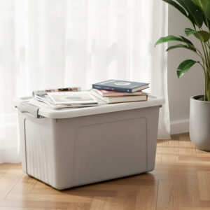 Set of 5 x 35L Premium Grey Plastic Storage Box with Lid and Wheels, Stackable Storage Container, L49 W35 H26 cm